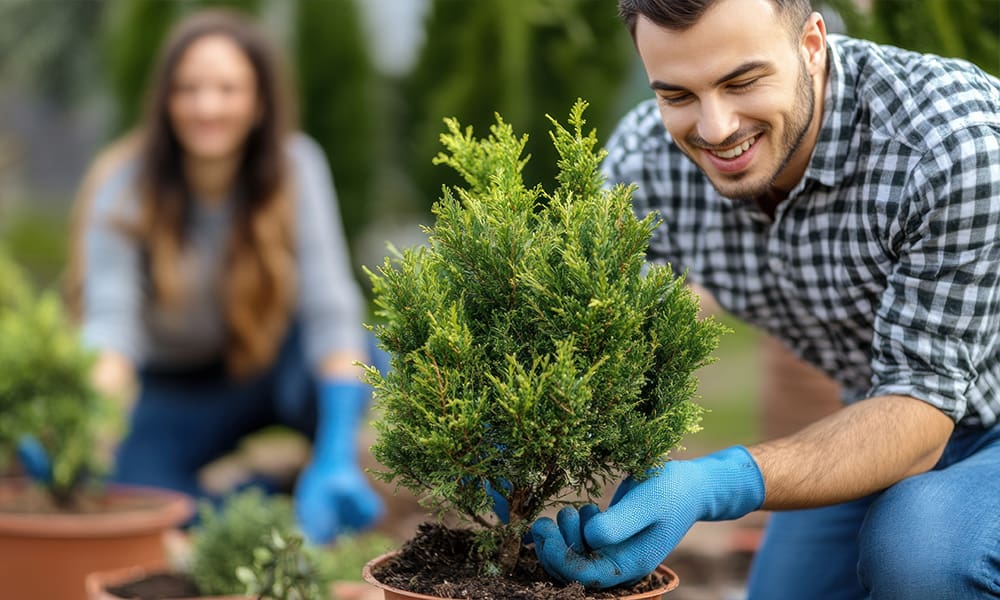 Spring Weather Tips - a Man and a Woman Are Happily Planting Small Shrubs in Garden Pots